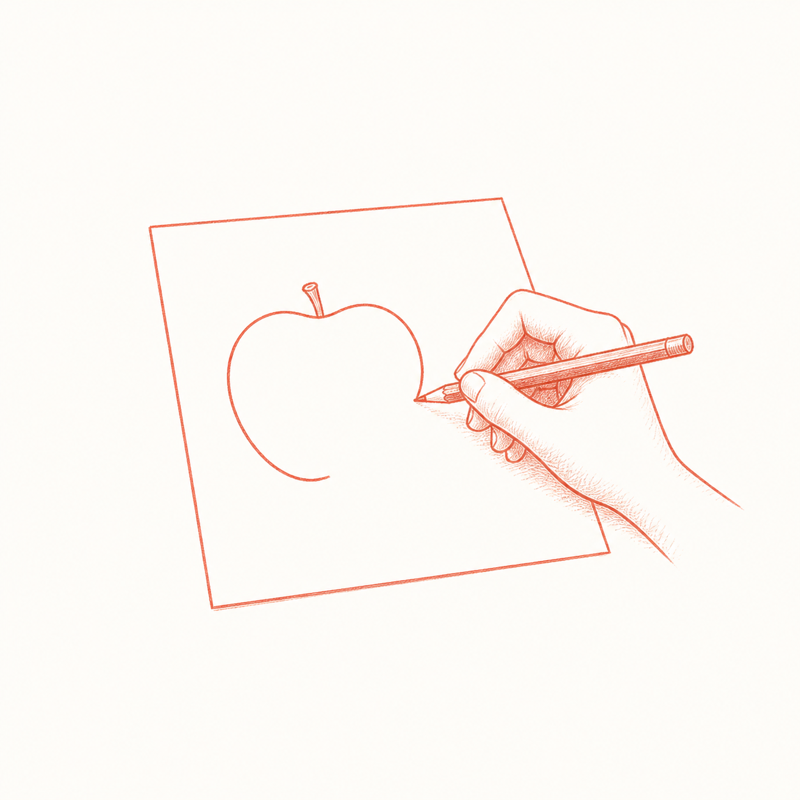 鉛筆を持った手が、紙にりんごの輪郭を描いているところ
